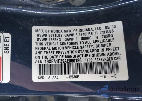 2010 Honda Civic Vp from USA, damaged, VIN 19XFA1F39AE060186